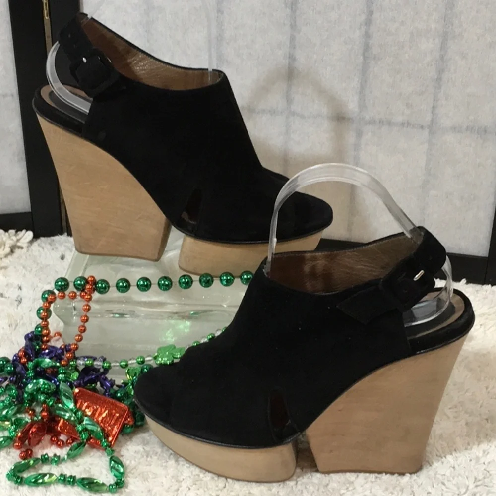 Marni black suede wedge platform heels